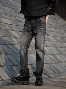 IN Stock Black Men’s Sanding Heavy Stitch Straight Leg Washed <b>Embroidered</b> Denim <b>Jeans</b> Mid Waist fashion <b>jeans</b> for men - Product Image 3