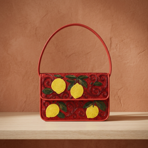 Handmade Embroidered Polyester Washable <b>Red</b> Rectangular Purse with Lemon Pattern Textile Craft - Product Image 3