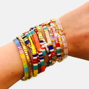 Pulseira boêmia tila contas artesanal, bracelete feminino artesanal, atacado, joia charme arco-íris, boêmio, pulseira, verão, praia, joias