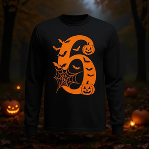 T-shirt à manches longues Halloween numéro 6 avec motif citrouilles, chauves-souris et toile d'araignée - Product Image 3