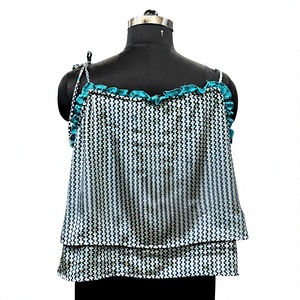 Printed Ruffle Strap Geometric Print <b>Tie</b>-Up Camisole Boho Short-Sleeved Top Ruffle <b>Neck</b> <b>Tie</b>-Front Summer Casual Shorts - Product Image 3