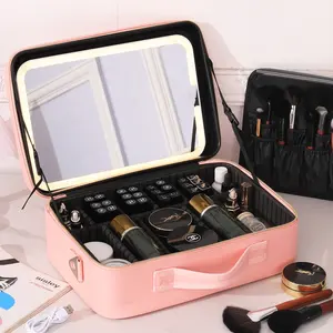 Portable Makeup Case With Mirror And Lights Rechargeable Makeup Bag With Light Up Mirror Custom Logo For Travel