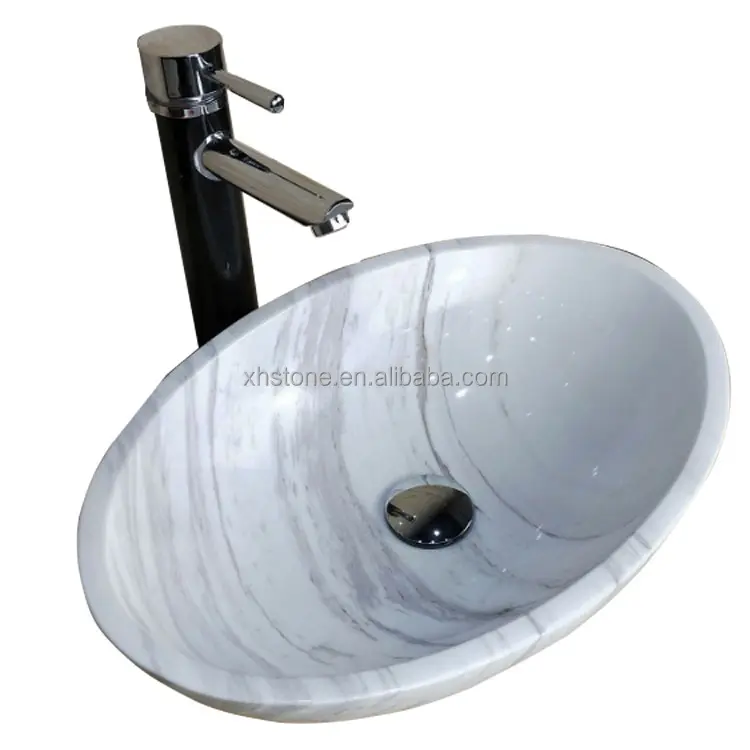 Lavabo tallado con forma ovalada para baño, lavabo de agua de alta calidad con piedra de mármol blanco de Carrara Natural