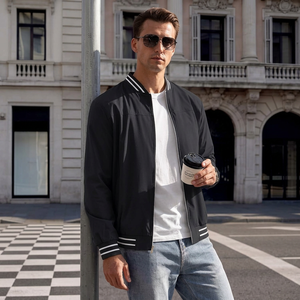 Blouson bomber unisexe noir, couleur unie, col montant, fermeture éclair sur le devant, vêtement d'extérieur décontracté, coupe régulière, spandex/fibre de bambou - Product Image 4