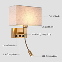 Appliques murales de chambre à coucher, applique murale filaire avec USB et lampe de lecture, abat-jour en tissu, lampes murales de chevet pour couloirs d'hôtel