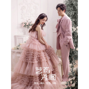 Artistic Bridal Gown Lotus Root Pink Halter Ball Gown Natural Waistline Folds Wedding Dress - Product Image 3