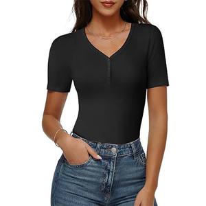 Chemise Henry pour femmes, manches courtes, coupe ajustée, décontractée, col en V, respirante, tricotée, vêtements de mode d'été - Product Image 2