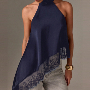 Canotta da <span class=keywords><strong>Donna</strong></span> Channel in <span class=keywords><strong>Raso</strong></span> Setoso con Orlo Asimmetrico in Pizzo, Elegante <span class=keywords><strong>Top</strong></span> Estivo Sexy Y2k con Collo Alto Senza Maniche 2026 - Product Image 5