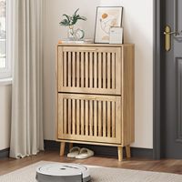 Meuble à chaussures minimaliste étroit en gros avec 2 tiroirs rabattables, poignées dorées, design fin, autoportant, rangement dissimulé moderne