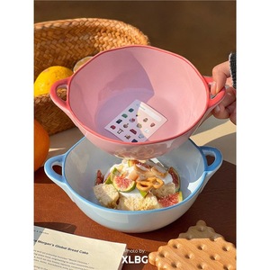 Bol à salade en céramique avec doubles poignées, bord rose et bleu, vaisselle pour la maison, pour nouilles, riz, soupes, été 2021 - Product Image 3