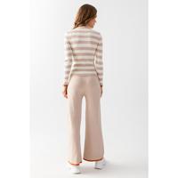 Conjunto de suéter y pantalones de punto a rayas para mujer, manga larga, cuello redondo, corte holgado, informal, para todas las estaciones, conjunto de 2 piezas, top y pantalones largos.