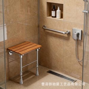 Chaise de salle de bain pliante murale en fer et bois, siège de douche en bois massif pour personnes âgées et femmes enceintes - Product Image 3
