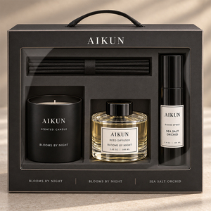 Aikun Matte Black Three Component Candle Reed Diffuser Room Spray Gift Set Round <b>Glass</b> Bottle Rigid Display <b>Window</b> Packaging - Product Image 1