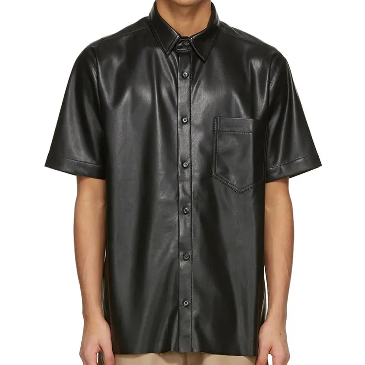 Camisas de manga corta de piel sintética para hombre, camisas casuales con bolsillo en el pecho, color negro PU