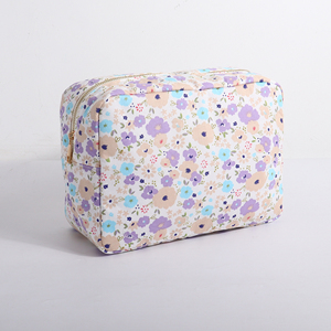 Grande Trousse de Maquillage de Voyage Personnalisée en Coton Écologique pour Femmes, avec Fermeture Éclair et Intérieur à Motif Treillis Violet, pour Cosmétiques et Fleurs - Product Image 3