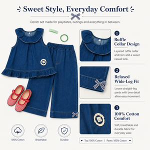 MZJ Set 2 Pezzi in Denim <span class=keywords><strong>per</strong></span> Ragazze, 100% Cotone, Top Senza Maniche con Colletto a Volant, <span class=keywords><strong>Pantaloni</strong></span> a Gamba Larga con Elastico in Vita, Orlo con Fiocco, Elegante - Product Image 5