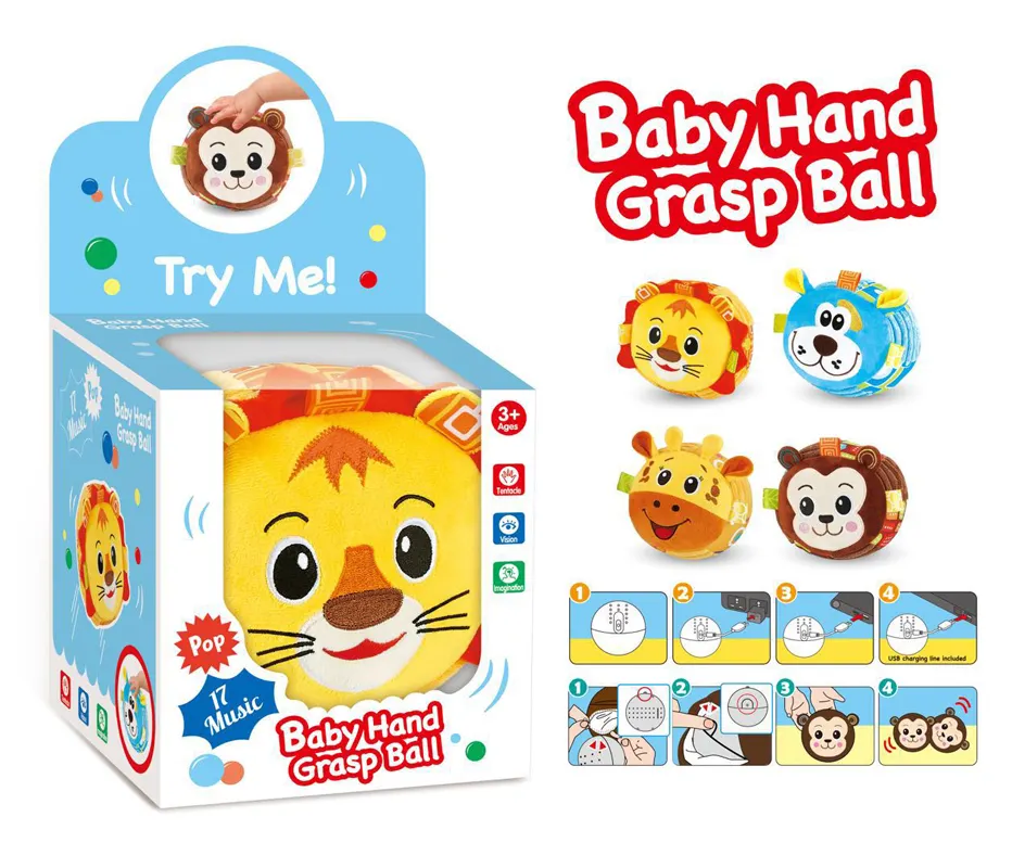 B/O musical jumping toy funny cartoon baby hand grasp ball with 17 music