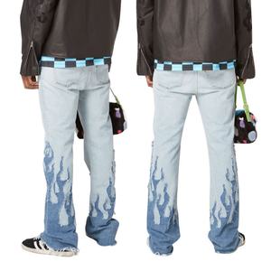 Jeans de Hombre al por Mayor, Personalizados, de Buena Calidad, Diseño de Moda, Bordado de Llamas, Estilo Urbano, Vintage, Lavado Azul - Product Image 3