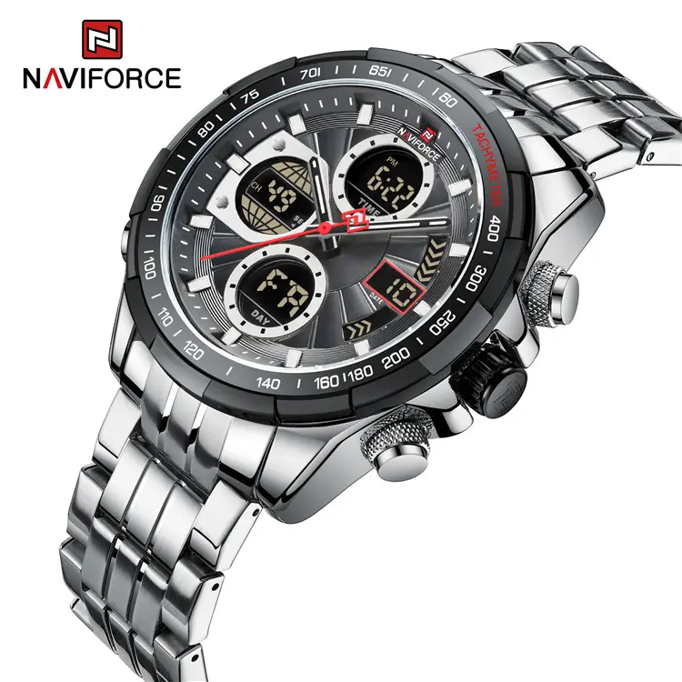 NAVIFORCE-Reloj de pulsera de acero inoxidable para hombre, cronógrafo analógico Digital de cuarzo, resistente al agua, SBGY, 9197S