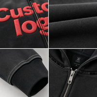 Sweat à capuche zippé RAMAX 500 GSM épais avec logo personnalisé, impression rouge en relief, délavage acide, coupe carrée courte, style streetwear, vente en gros, usine OEM