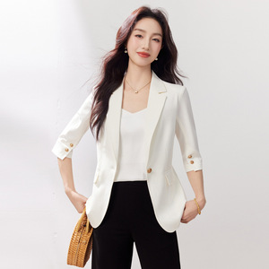 White Blazer For Women Solid Color Padded Shoulder Slim Fit Spring Autumn Commuting Style - Product Image 1
