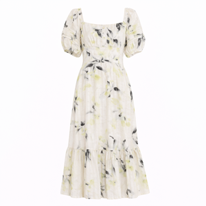 Vestido Midi Personalizado para Mujer, Blanco con Estampado Floral en Acuarela <span class=keywords><strong>Amarillo</strong></span> y Negro, Manga Corta, Mezcla de Lino y Algodón, con Volantes en el Bajo - Product Image 3