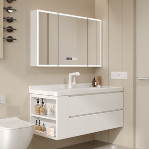Cream style open <b>shelf</b> <b>drawer</b> independent washbasin intelligent mirror multifunctional integrated bathroom cabinet - Product Image 3
