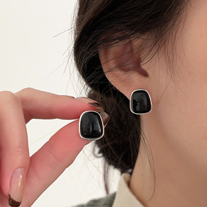 Ruitai S925 Sterling <b>Silver</b> <b>Stud</b> Earrings Geometric Black Bezel Setting Everyday Wear - Product Image 3