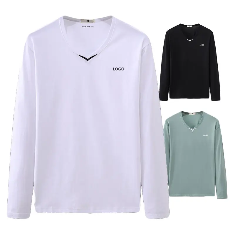 OEM Good quality v neck t shirts men long sleeves cotton and polyester top blank wholesale under t shirt for men
