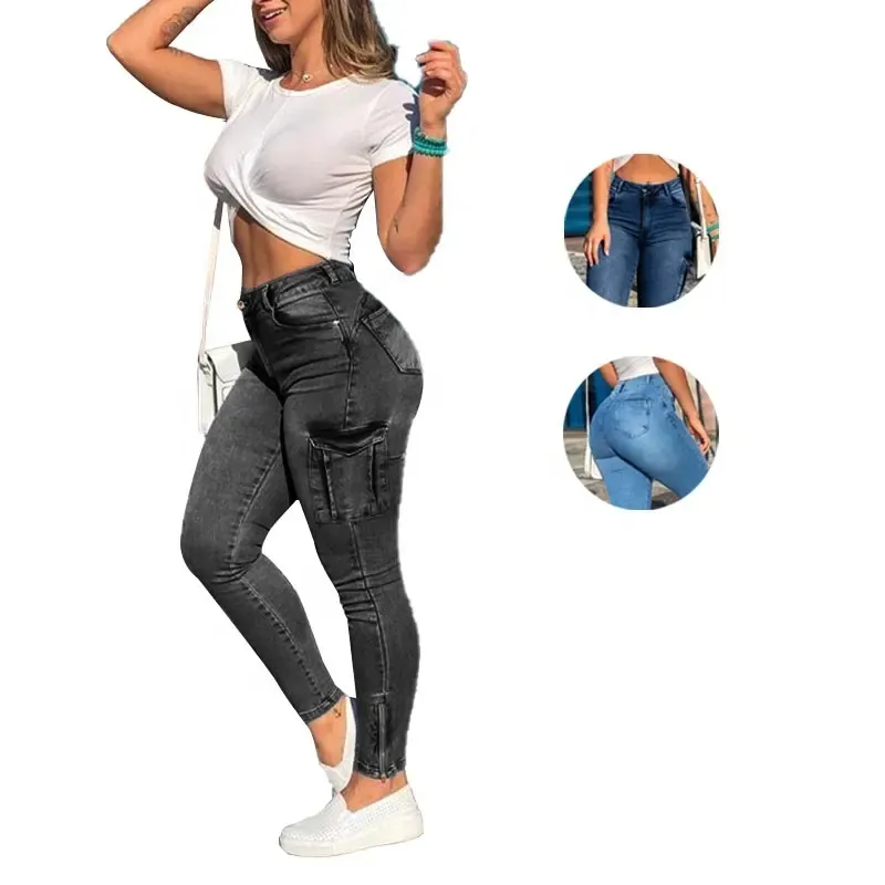 Europeus e Americanos Primavera/Verão Moda Fino Zipper Dobre Versátil Calça Jeans de Cintura Alta Feminina