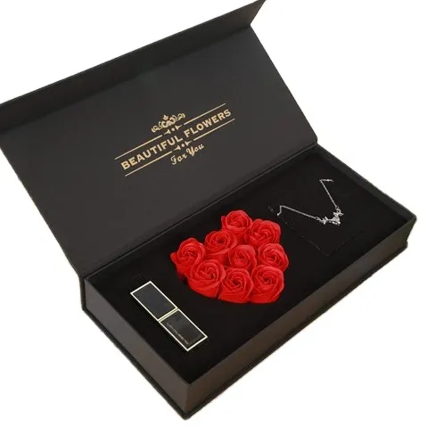 Hot Selling Necklace Lipstick Jewelry Box Preserved Artificial Flowers Rose Soap Flower Valentines Day Gift for Women