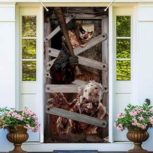 Décorations de fête d'Halloween pour maison hantée : Housse de porte effrayante <span class=keywords><strong>Clown</strong></span> Zombie, Bannière suspendue personnalisable pour la maison - Product Image 1