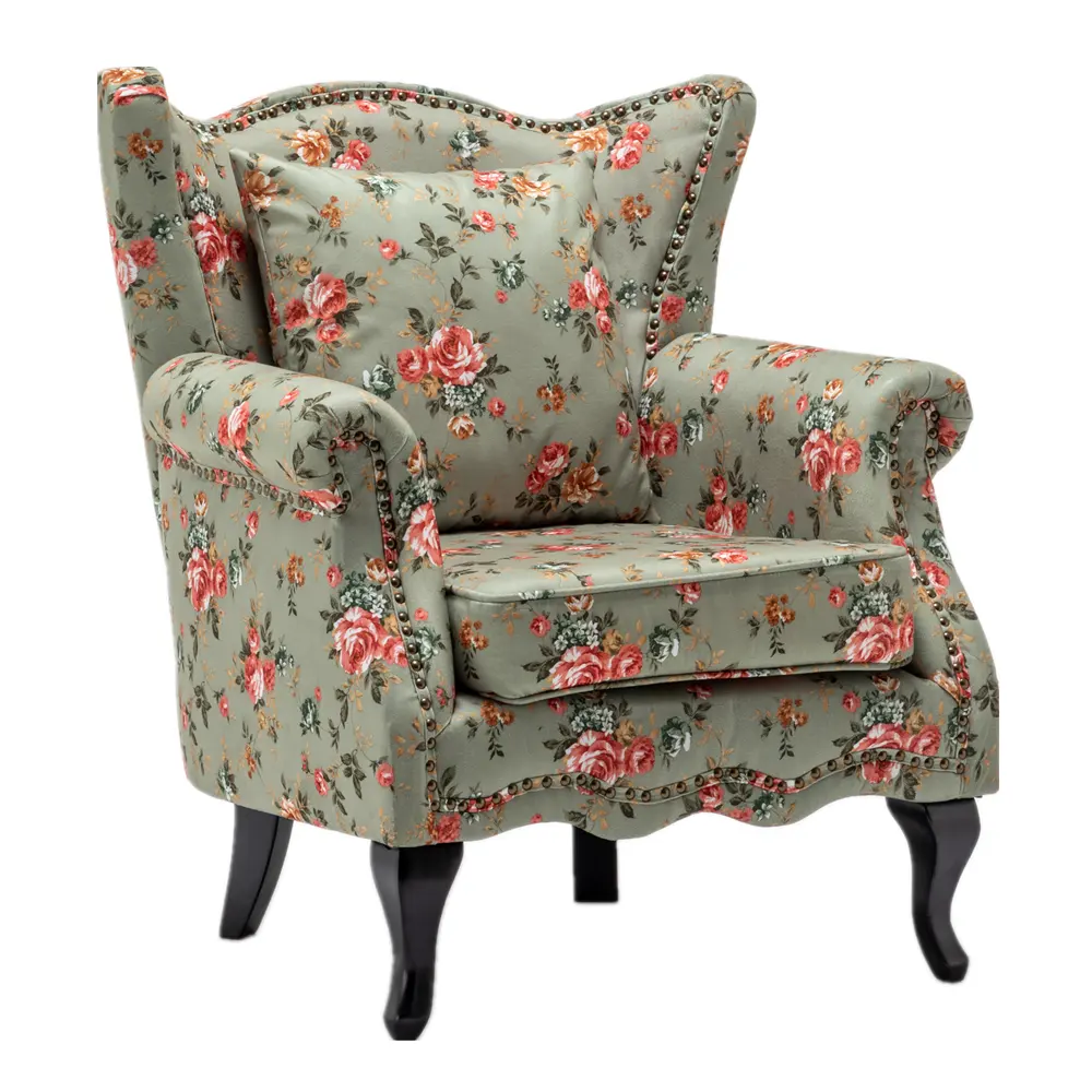 fast ship country style rustic Vintage Floral Fabric Chair Studs Armchair Wing High Back Sofa Accent with Pillow Retro Sofa