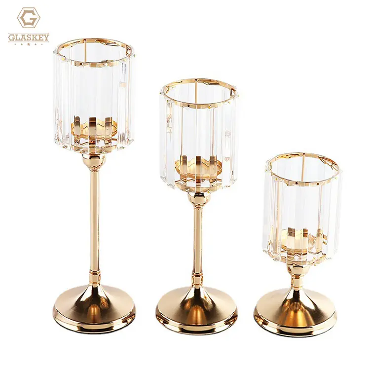 Alta Qualidade Hardware Stand Long Strip Crystal Candlestick Glass Candle Holder Para Decoração Do Casamento