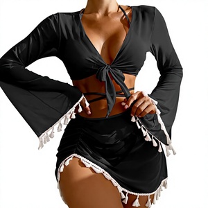 Solid Color Four Piece Bikini Set Mesh Mini Skirt Tassel Kimono Matching Two Piece Swimsuit for Women Spandex/Polyester - Product Image 1