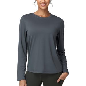 Camiseta Deportiva de Manga Larga para Mujer, Cuello Redondo, Tejido de Secado Rápido, UPF 50+, Ligera, para Correr, Color Sólido, Corte Holgado - Product Image 1