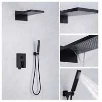 Système de douche mural en laiton noir mat de luxe, encastré, 3 voies, avec robinet de douche à effet pluie et pommeau de douche cascade