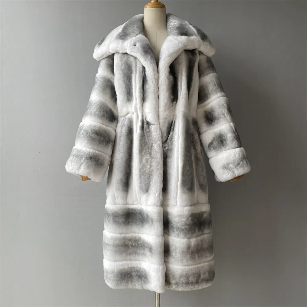 Yeni moda lüks kış toptancı Chinchilla Rex tavşan kürk ceket çevirmek aşağı yaka sıcak yumuşak özel kadınlar uzun gerçek kürk mont