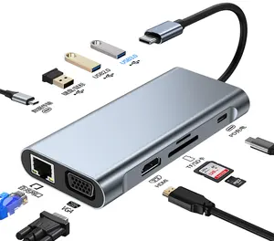 10合1 C型迷你集线器适配器至VGA USB 3.0 2.0 RJ45 PD SD TF Usb C充电器集线器扩展坞10端口Usb集线器