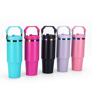 Gobelet de sublimation 30oz avec poignées, couvercle rabattable, double paroi isolée sous vide, sans BPA, en acier inoxydable avec paille pour usage extérieur - Product Image 1