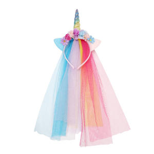 Gasa Arco Iris Color unicornio diadema princesa gradiente borla encaje Niña pelo ornamento tocado flor diadema - Product Image 5
