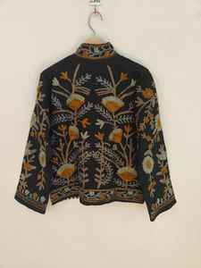 Black Cotton TNT Suzani Embroidered Jacket Handcrafted Floral Boho <b>Coat</b> Vintage Style Statement Outerwear Festival - Product Image 6
