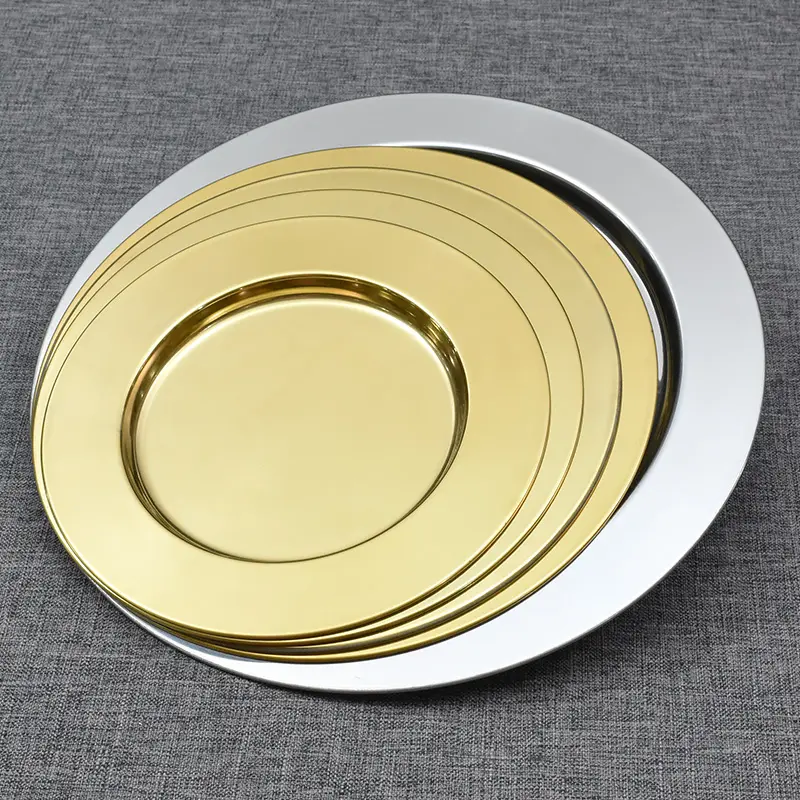 High quality luxury mirror face serving dish stainless steel round tableware plate food serving tray for resurant hotel