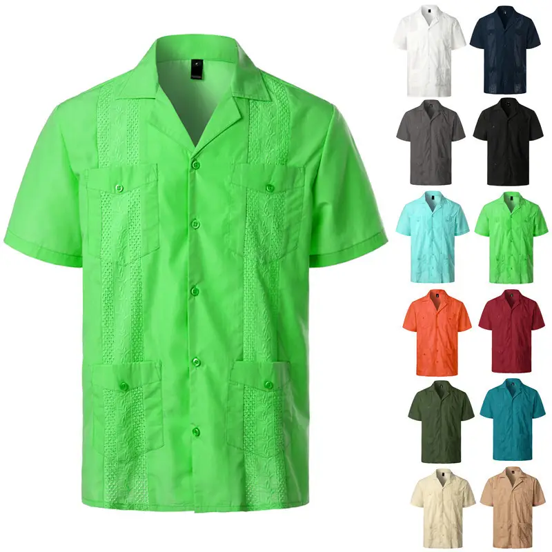 Men's Traditional Cuban Camp Collar Guayabera Shirt Short Sleeve Embroidered Woven Button-Down Shirts Mens Mexican Style