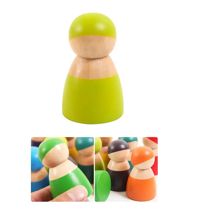 Hot sale wooden pretend play people figures doll colorful blocks toys gift baby wood toys set of 12 friends peg dolls