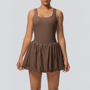 Robe de sport d'été unie grande taille, une pièce, en tissu extensible Spandex Nylon, avec short intégré et poches latérales, tenue de sport décontractée - Product Image 2