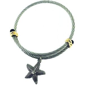 Brazalete Ajustable de Alambre para Mujer, Dos Tonos, Chapado en Rodio, Latón, Dije de Estrella de Mar, Dije de Cristal - Product Image 1