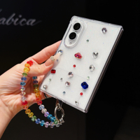Étui de téléphone de luxe avec paillettes et strass pour Samsung Galaxy Z Fold 8 7 6, chaîne de poignet perlée en cristal, coque pliable ornée de diamants