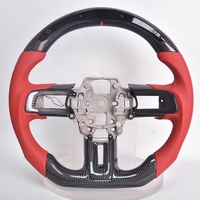 Volant de voiture en fibre de carbone véritable en forme de D avec LED pour Ford Mustang GT/GT350/GT350R 2018-2021, cuir perforé rouge