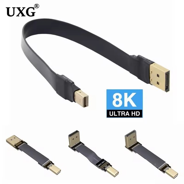 Displayport 1.2 8K Cable 144Hz Mini DP1.2 60HZ 4K Mini DisplayPort To Dispalyport Flat Cable Vesa Compliant HBR3 4K/60Hz Angled
